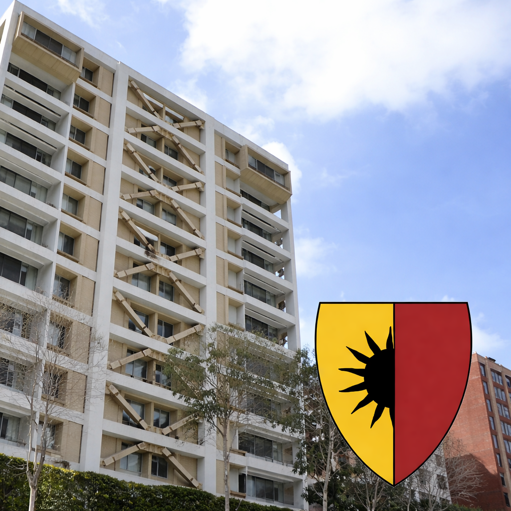 Image of West Residential College with crest in lower right